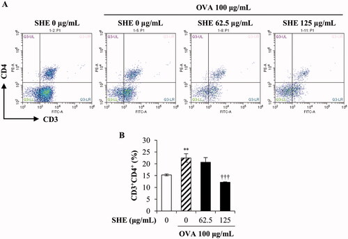 Figure 3. The effect of SHE on T cell populations. Fluorescence-activated cell sorting (FACS) analysis was performed to evaluate the effect of SHE on the populations of (A) cluster of differentiation (CD)3+CD4+ T cells. The mean values of splenic cell populations of (B) CD3+CD4+ T cells in the absence or presence of OVA are shown. The data are represented as the mean ± SEM. **(p < 0.005) represents significant increase compared with the untreated control (open bar), and †††(p < 0.0005) represents significant decrease compared with the OVA-only group (shaded bar).