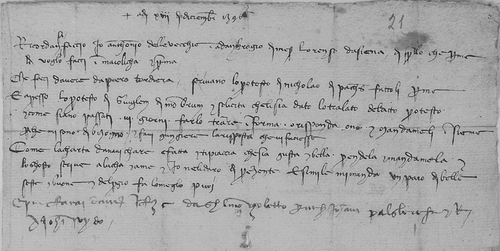 Fig. 2. Letter from Antonio delle Vecchie of 13 December 1395 to the Datini Company’s agent in Majorca reminding him of his order for a nautical chart and a pair of dividers. Archivio di Stato di Prato, Datini 1167, 9302300, letter/memorandum Pisa–Majorca, Antonio delle Vecchie to Ambrogio di Rocchi, 1395/12/13, fol. 1r. (Reproduced with permission from Ministero per i beni e le attivitá culturali / Archivio di Stato di Prato.)