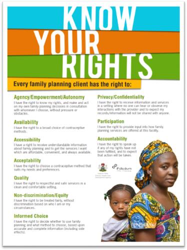 Figure 1 VRBFP poster developed for clients in Nigeria.Notes: A similar poster was developed for Uganda by Reproductive Health Uganda. (this poster is available at: http://www.familyplanning2020.org/sites/default/files/Know_Your_Rights.pdf). Image courtesy from Family Planning 2020, United Nations Foundation.