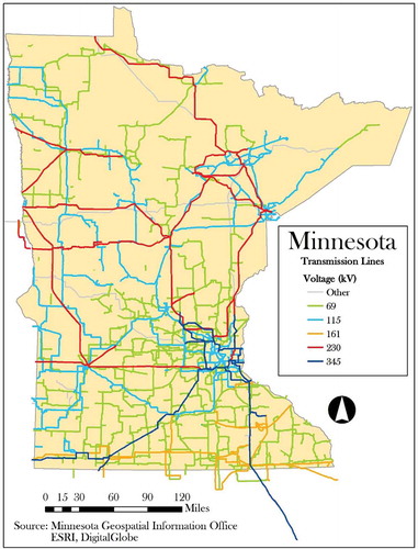 Figure 2. Map of electric power transmission lines in the state of Minnesota symbolized by nominal voltage, which were used to train and test the classifier in this study (adapted from Schmidt Citation2016, figure 8).