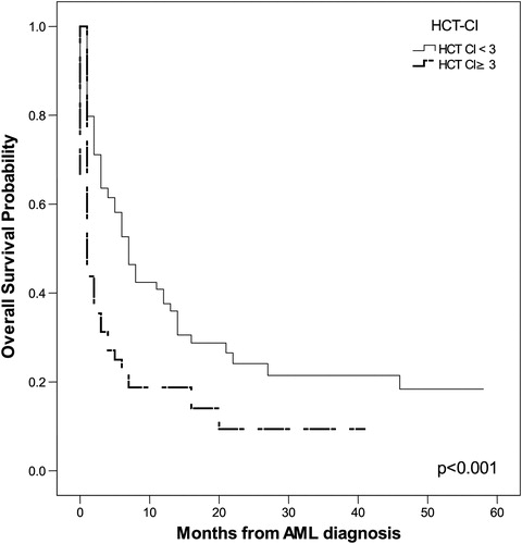 Figure 6. HCT-CI ≥3 had significant impact on OS (P < 0.001 by Kaplan–Meier method).