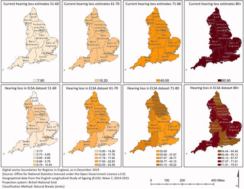 Figure 1. Map of England by Government Office Regions, showing prevalence rates of psychoacoustically identified hearing loss ≥35 dB HL in the seventh Wave of the English Longitudinal Study of Ageing (ELSA). This work by Dialechti Tsimpida is licenced under a Creative Commons Attribution 4.0 International Licence.