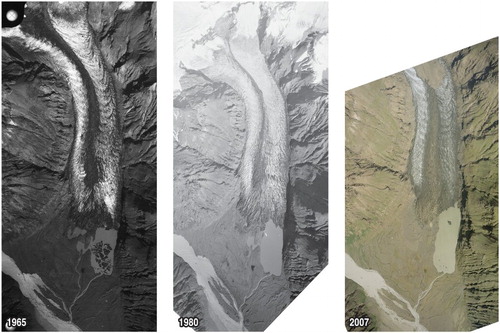Figure 1. Aerial photographs of Morsárjökull and its foreland (Landmælingar Islands for 1965 and 1980 and NERC ARSF for 2007), showing the glaciological features such as icefalls, ogives and supraglacial debris, including the 2007 rock avalanche debris immediately after its emplacement.