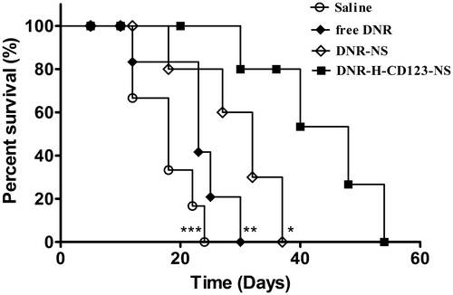 Figure 5. Therapeutic activity of DNR-H-CD123- NS in THP-1 bearing NOD/SCID mice (n = 8). Animals treated intravenously with DNR-H-CD123- NS (3 mg/kg DNR) survived significantly longer than mice treated with saline, free DNR and DNR-NS. ***p < .001, **p < .01 and *p < .05 versus the DNR-H-CD123- NS group, respectively (long-rank test).