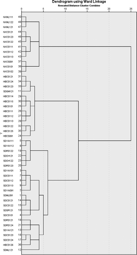 FIGURE 2 The results of cluster analysis by Ward’s method, Measure (Interval: block).