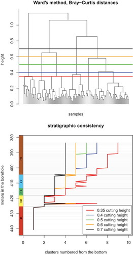 Figure 4. Results of the cluster analysis using Bray–Curtis differences and Ward’s method. (a) Dendrogram of the clustering showing cuts at different heights. (b) Stratigraphic consistency of the grouping achieved at different cutting heights. The x-axis indicates the integer ID value of the sample group and the maximum of each curve indicates the total number of groups in that particular grouping. Decreasing the cutting height from 0.55 progressively increases the number of groups disintegrating Assemblage E in a gradual way