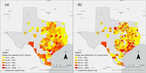 Figure 11. (a) Power outage ratios aggregated in counties, (b) power outage ratios aggregated in census tracts.