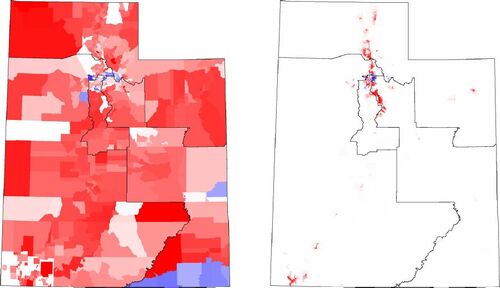 Fig. 1 Two plots of the four Utah congressional districts, overlayed on representations of the political geography of the state. The typical plot (left panel) of Utah political geography, with each precinct colored by the percentage of Republican or Democratic voters, is misleading, because many of Utah’s precincts are very large and mostly uninhabited. The plot in the right panel is more accurate and informative; here the color indicates vote difference (number of Republican votes minus the number of Democratic votes) divided by the area of the precinct. This plot makes it easier to see how the partisan vote share is distributed across the state. The fact that most of the population resides in the narrow corridor of the Wasatch Front is also clearly visible.