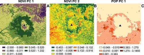 Figure 7. The first two PCs from NDVI time series (a and b) and the first from population density time series (c)
