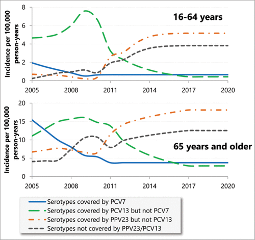 Figure 5. Observed and projected epidemiological changes among adults and elderly in serotype-specific incidence of IPD induced by vaccination of infants and toddlers.