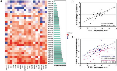 Figure 4. (a) Heatmap representing the positive correlation between the expanded IFN-γ-induced immune signature and PD-L1 expression (cyan bars) in GIST sample. (b) Scatterplot between the average expression of the EIIS per sample and the PDL1 expression. (c) Positive correlation between PD-L1 and both CD8A and CD8B expressions.