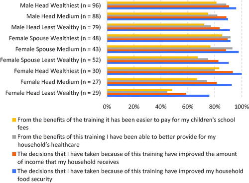 Figure 3. Economic benefits of training and associated changes by headship status, gender and wealth.