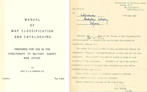FIGURE 2. Title page of the original Manual of Map Classification and Cataloguing (Parsons Citation1946) published by the War Office (left). This copy is one of two initially sent to the Bodleian Library from the Directorate of Military Survey on May 27, 1946, accompanied by a covering letter (right) (Image: Bodleian Libraries 25895 d.60).