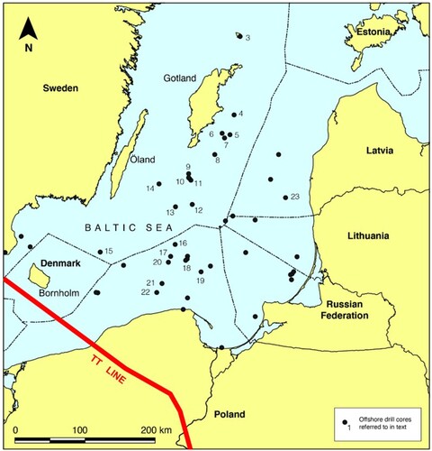 Figure 6. Offshore and near shore drill cores in the Baltic Basin used in the present investigation: Swedish Economical Zone: 3, Hamnudden-1, Gotska Sandön; 4, BO-12; 5, BO-13; 6, BO-20; 7, BO-21; 8, B-11; 9, B-5; 10, B-3, B-3A; 11, B-6; 12, B-9; 13, B-7; 14, B-10; 15; Yoldia-1 (Indoor reports Svenska Petroleum Exploration AB), Polish Economical Zone: 16, B4-1; 17, B6-2; 18, B3-1; 19, B7-1; 20, B6-1; 21, B8-1; 22, B16-1 (Modliński et al. Citation1999; Kosakowski et al. Citation2016). Latvian Economical Zone: 23, E-5 (internal reports, Svenska Petroleum Exploration AB). Nr 1 and 2 denote well cores in the South Bothnian Basin (Fig. 1). TT on the map marks the Teisseyre-Tornquist Line.