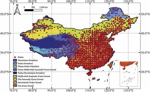 Figure 1. Map of permafrost types and locations of ground temperature stations used in this study across China. The 2398 red points represent the ground surface temperature stations.