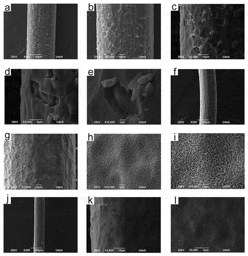 Figure 6. SEM micrographs of heat-treated at 600°C anodized titanium wires. S3 (a)-(e), S4 (f)-(i), S5 (j)-(l).