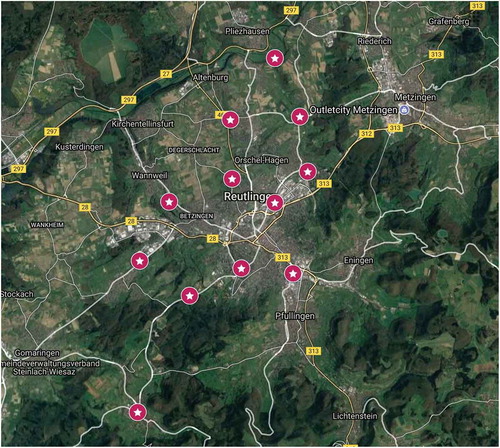 Figure 2. Pluviometer network of Reutlingen, Germany; the area is approximately 25 km square.