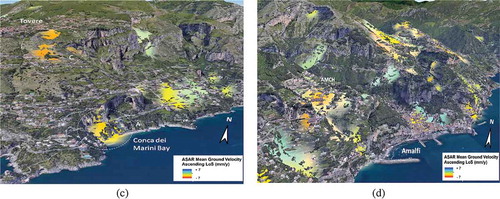 Figure 5. a) ASAR mean ground velocity map in Amalfi and Conca dei Marini; b) ASAR ground displacement time series for the selected sites (A, B, C and AMCH) obtained by meaning the adjacent pixels with ground velocity < –1 mm/y. c) 3D reconstruction of ASAR mean ground velocity in Conca dei Marini; d) 3D reconstruction of ASAR mean ground velocity of in Amalfi.