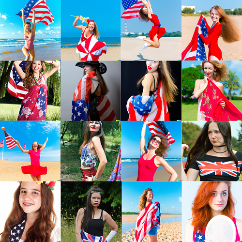 Figure 9. A sample set of 16 images generated by DALL-E 2 with the prompt “American beauty.”