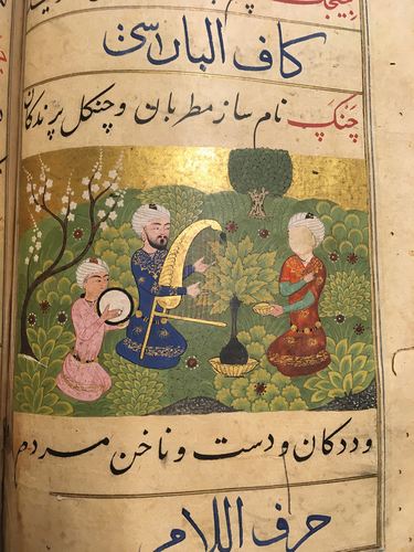 Figure 4. Stringed instrument (chang), Key of the Learned of Shadiyabadi, Mandu, ca. 1490, Folio: 33 × 25.4 cm; Painted surface: 8.1 × 11.9 cm, British Library Or 3299, f. 98b. © British Library Board.