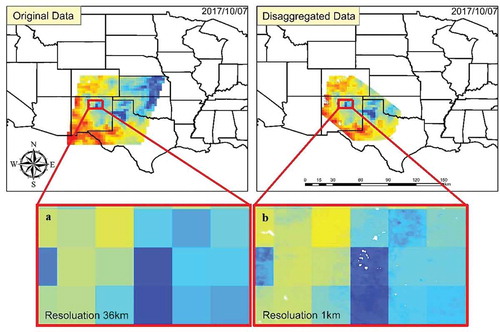 Figure 2. SSM data over the MODIS h09v05 tile on 7 October 2017: a. SMAP SSM data at 36-km resolution. b. Disaggregated SSM data at 1-km resolution