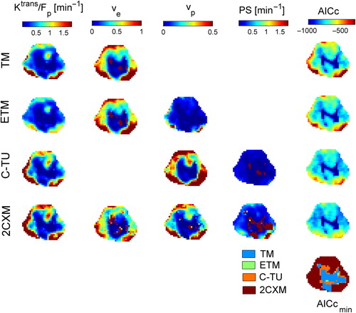 Figure 1. Overview of transverse parameter maps for each tracer kinetic model in one patient. The AICcmin map reflects in what regions the Toft, extended Tofts, C-TU and 2CXM were optimal tracer kinetic model.