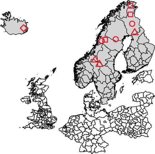 Figure 1. (a) Map showing the sampling sites in Finland, Sweden and Norway (reindeer abattoirs with catchment areas selected to reflect herding conditions at different locations, denoted ‘A’ (■), ‘B’ (●) and ‘C’ (▲) and the sampling sites in Iceland (♦). (b) Map showing the sampling site in Ust–Yanks District, northern Yakutia, Russian Federation (♦).