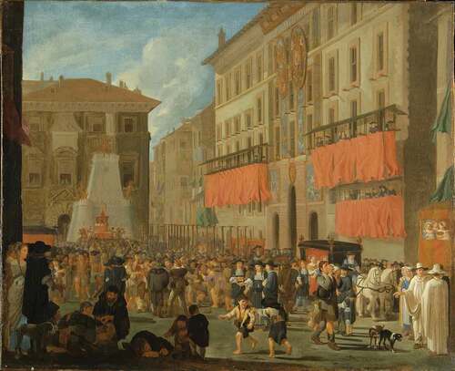 Figure 1. Celebrations on the Piazza di Spagna in Rome on the occasion of the birth of Infante Carlos in 1661. Painting by Willem Reuter, between 1661 and 1681, oil on canvas (Vienna, Gemäldegalerie der Akademie der bildenden Künste, Inv.no GG-585)