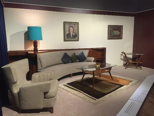 Figure 7. Sydney Living Museums exhibition “The Moderns” curated by Rebecca Hawcroft, 2017. My chapter in the accompanying book provided the research for this setting of furnishings from the Schwartz house, Rose Bay, NSW, designed by Georges Reves and made by M.Gerstl furniture in 1957. Portrait of Magda Schwartz by Judy Cassab.