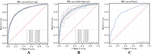 Figure 4 Performance measurements of XGBoost model from different sets: the ROC curve of train set was supplied on (A); the ROC curve of validation set was supplied on (B); the ROC curve of test set was supplied on (C).