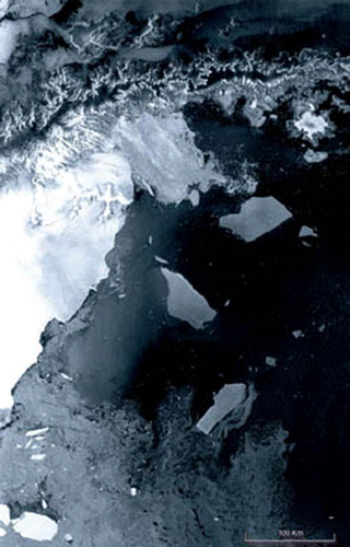 Figure 1.  Ice field collapse in the Antarctic (Larsen platform 3250 km2). Image from Envisat (ASAR), March 2002.