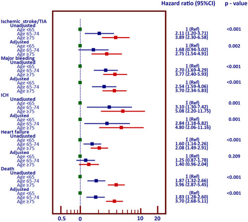 Figure 2 Forest plot of unadjusted and adjusted hazard ratios and their 95% confidence intervals for ischemic stroke/transient ischemic attack (TIA), major bleeding, intracerebral hemorrhage (ICH), heart failure, and death in patients aged 65–74, and ≥75 years as compared to those aged <65 years (<65 years was used as a reference).