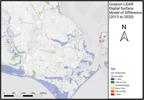 Figure 9. Gosport 2013 and 2020 LiDAR DSM comparison (OpenStreetMap).