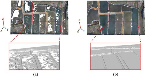 Figure 17. Scene 3D modeling with water-area restoration results (multi-water-areas): (a) is ContextCapture 3D model, and (b) is the model generated by our method.