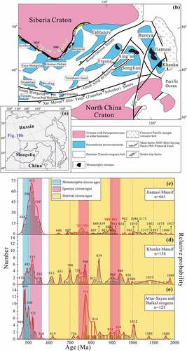 Figure 9. (a, b) Precambrian microcontinents and basement massifs and early Palaeozoic metamorphic terranes of Central Asia (modified from Zhou et al. Citation2009 and updated by Demoux et al., Citation2009 and Degtyarev et al. Citation2017), and (c–e) relative probability plots of data from granulite-facies rocks and (metamorphic) magmatic rocks in NE China (Jiamusi and Khanka Massifs) and the southern Siberia Craton (Altai-Sayang and Baikal orogens). (c) Zircons from granulite facies rocks of the Mashan Complex and Neoproterozoic orthogneiss in the Jiamusi Massif. Data are from Wilde et al. (Citation1997, Citation1999, Citation2000, Citation2003) and Yang et al. (Citation2017b, Citation2018, Citation2020b, Citation2021a, Citation2021b); (d) zircons from granulite-facies rocks of the Hutou Complex and Neoproterozoic magmatic rocks in the Khanka Massif; data are from Khanchuk et al. (Citation2010a), Zhou et al. (Citation2010b) and Xiong et al. (Citation2020); and (e) zircons from granulite-facies rocks in the Derba, Kitoykin, Olkhon and Slyudyanka Massifs and (metamorphic) magmatic rocks in the Altai-Sayan and Baikal orogens at the southern margin of the Siberian Craton; data from Salnikova et al. (Citation1998), Donskaya et al. (Citation2000), Nozhkin et al. (Citation2004), Gladkochub et al. (Citation2008) and Kuzmichev and Larionov (Citation2011, Citation2013).