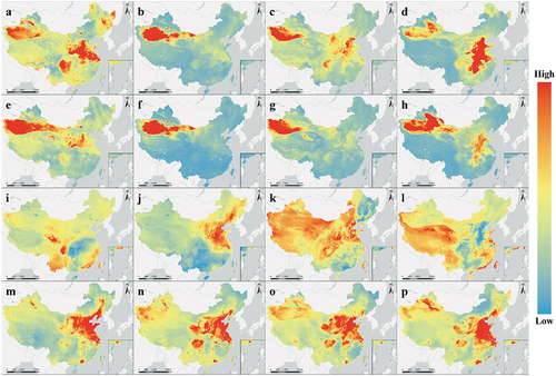 Figure 11. Real-world pollutant dataset: (a)–(d) spatial distributions of PM2.5 in March, June, September, and December 2018 in China; (e)–(h) the spatial distribution of PM10 at these four time points; (i)–(l) distribution of O3; and (m)–(p) distribution of NO2.