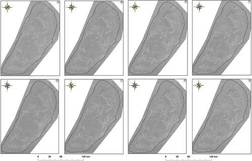 Figure 4. Sentinel-1B GRD with VV polarization after Prewitt filter in four directions A) 00° (N-S), B) 45° (NE-SW), C) 90° (E-W), and D) 135° (NW-SE), Sentinel 1B GRD with VH polarization after Prewitt filter into four directions A) 00° (N-S), B) 45° (NE-SW), C) 90° (E-W), and D) 135° (NW-SE).