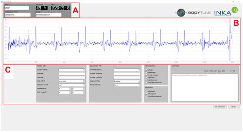 Figure 8 Proprietary desktop application with (A) current state, duration and date of the auscultation, (B) real-time visualization with integrated scaling functionality and (C) input fields for supplementary information regarding patient, experiment and comorbidities or related medication.