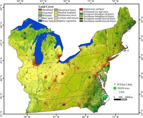 Figure 1. Location and distribution of the study sites. The background displays the land cover map from Liu Liangyun's team (Zhang et al. Citation2021).