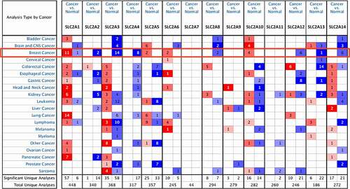 Figure 1. The mRNA levels of SLC2s in different cancer types (ONCOMINE database)