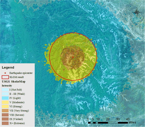 Figure 9. Comparison of the official intensity map produced by the USGS with the detection result of the impact area derived from the SLGM analysis for the Jiuzhaigou earthquake.