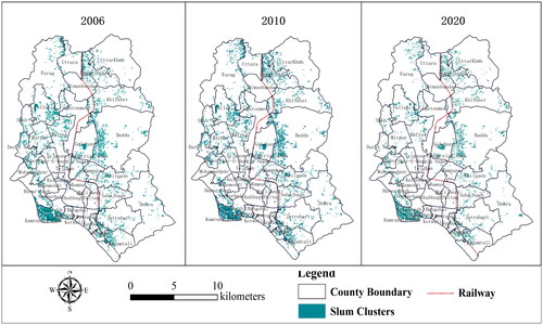 Figure 4. Spatial distribution of slums in Dhaka city over three periods of time.