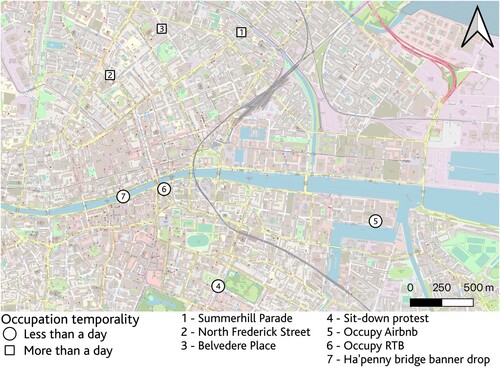 Figure 3: TBTC occupations—author's own, created to reflect digital ethnography and participant observation. Base map from Open Street Map, © Open Street Map Contributors. Note that square symbols are longer temporary occupations (lasting more than a day), while circles are shorter ‘pop up’ actions (lasting less than a day), and symbols are numbered in the order that the occupation occurred.