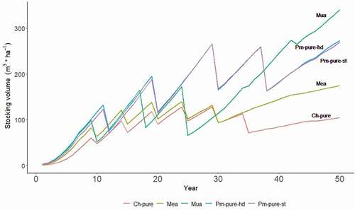 Figure 2. The development of stocking volume over time for all silvicultural options