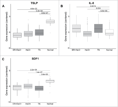 Figure 2. TSLP mRNA level is higher in normal breast than breast cancer tissue. (A, B, C) mRNA expression in 58 breast cancer patients from TCGA of TSLP, IL-8 and SDF1 respectively. Boxplots represent data of tumors classified in three different subtypes, namely Luminal (ER+Her2−), Her2+ and Triple negative (TN) and normal breast tissue as indicated. p values were calculated with a t test comparing different clinical groups.
