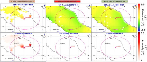 Figure 16. LST detrended and LST anomaly maps for the earthquake ID112123.