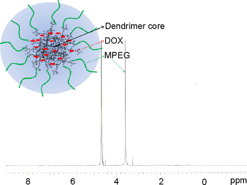 Figure S6 1H nuclear magnetic resonance spectra for DendGDP nanoparticles in double-distilled water.Abbreviations: DendGDP, dendrimer-MPEG-DOX conjugate with GFLG peptide linkage; DOX, doxorubicin; MPEG, methoxy poly(ethylene glycol); GFLG, Gly-Phe-Leu-Gly; ppm, part per million.