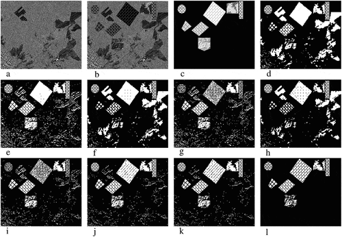 Figure 5. Experimental results of simulated images (a) I1 (b) I2 (c) Ground truth (d) MR (e) LR (f) MRKI (g) LRKI (h) MRO (i) LRO (j) FMLKI (k) FMLO (l) LPCD
