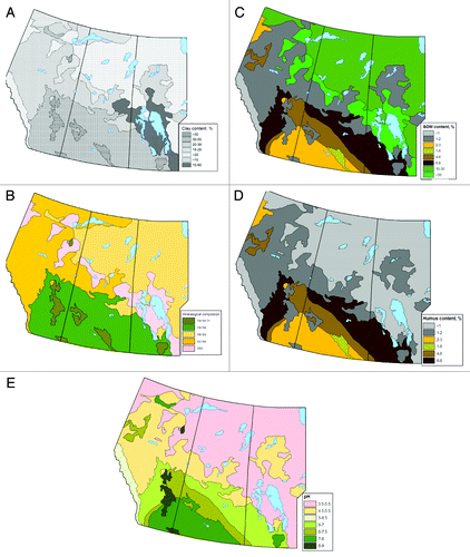 Figure 3. Distribution of some soil characteristics in the soil surface horizons across western Canada: (A) clay content in the surface soil horizons, % of texture; (B) mineralogical composition of surface soil horizons: Mte, montmorillonite; Kte, kaolinite; Qtz, quartz; Ch, chlorite; ORG, organic horizon without mineral fraction. First is dominant mineral followed by remaining occurred minerals; (C) soil organic matter content in the surface soil horizons, %; (D) humus content in the surface soil horizons, %; (E) soil pH.