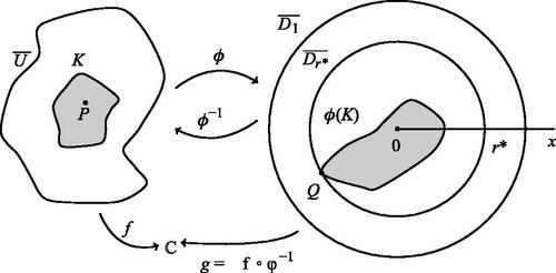 Fig. 6 Theorem 1: P is in K, a compact subset of U¯. ϕ(K)⊆Dr*¯⊆D1¯. ϕ(P)=0.